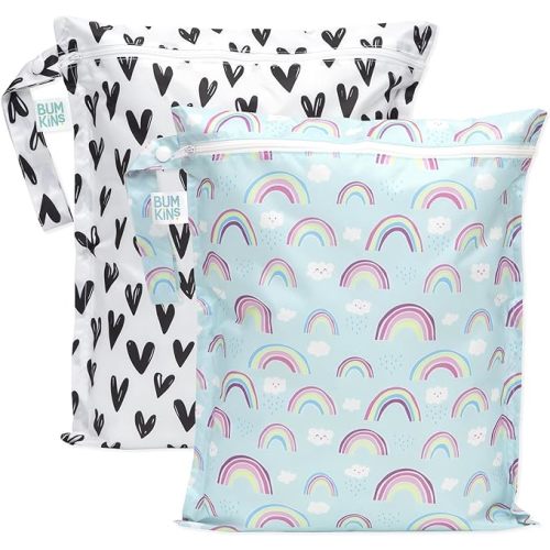 Bumkins - Waterproof Wet Bag - For Baby, Travel, Swim Suit, Cloth Diapers, Pump Parts, Pool, Gym, Toiletry, Strap to Stroller - Reusable & Easy to Clean - 2pk - Hearts & Rainbows