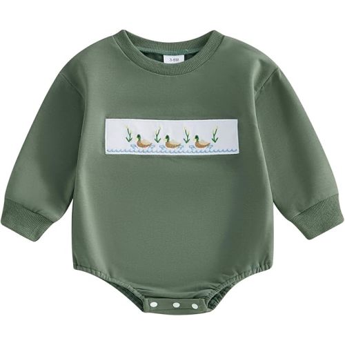 Baby Boy Hunting Outfit Duck Embroidery Baby Romper Long Sleeve Crew Neck Bodysuit Newborn Infant Fall Clothes