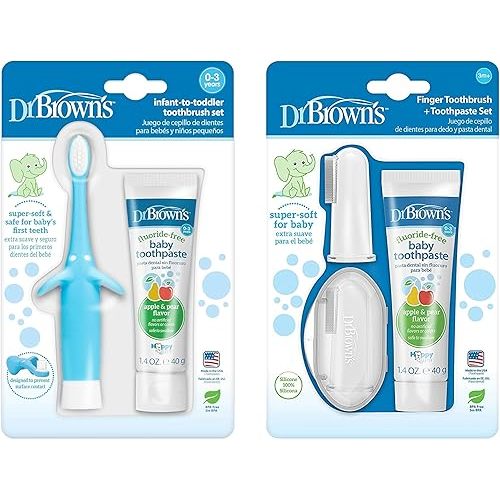Dr. Brown's Infant-to-Toddler Training Toothbrush Set, Blue Elephant & 100% Silicone Baby Finger Toothbrush and Toothpaste Set, 2-Pack Toothbrush with Storage Case, Fluoride-Free