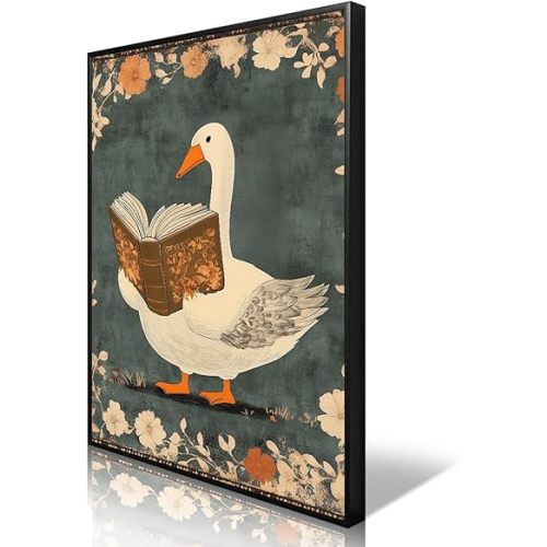 Nursery Animal Canvas Wall Art, Whimsical Goose Reading A Book Poster, Cozy Folk Art Print, Countryside Animal and Botanical Flowers Wall Painting for Kids Reading Corner 12x16in Framed