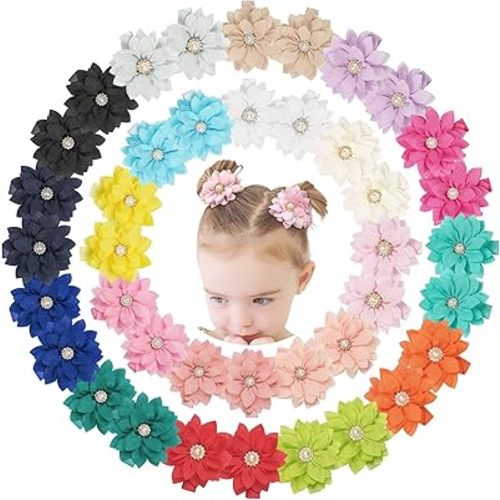 DeD 40PCS 2.3" Chiffon Flower Hair Bows Clips with Rhinestone Flower Tiny Hair Clips Fine Hair for Girls Infants Toddlers Set of 20 Pairs