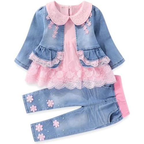 Peacolate 6M-4Years Spring Fall Baby Girls Clothing Set 3pcs Long Sleeve Dress Denim Jacket and Jeans