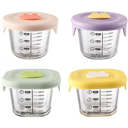 Baby Food Jars Infant Food Containers 4Pcs 230ml Round & Square Non-Toxic Glass Jars with Silicone Lid & Scale -20-400℃ Resistant Microwavable Storage Containers