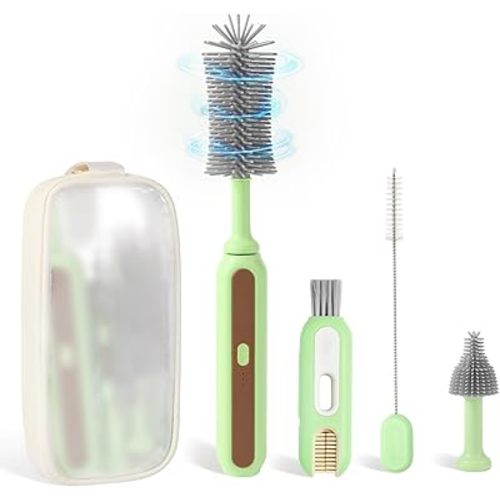 Electric Baby Bottle Brush Cleaner, 5-in-1 Travel Kit with Storage Bag, Food-Grade Silicone, Long Battery Life, Portable Baby Bottle Cleaner Brush Set, Ideal Gift for Parents & Babies (Green)