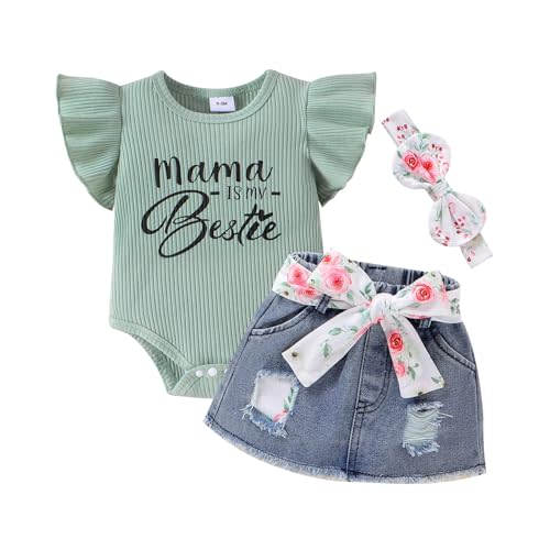 Baby Girl Clothes Infant Romper Outfit Set with Denim Skirt 0-18M | Soft Cotton, Breathable Ruffle Romper + Denim Skirt, Snap Closures for Easy Changes, Daily Wear, Vacation, Machine Washable
