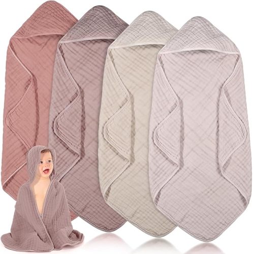Peryiter 4 Pcs Muslin Hooded Baby Towels,Light Pink