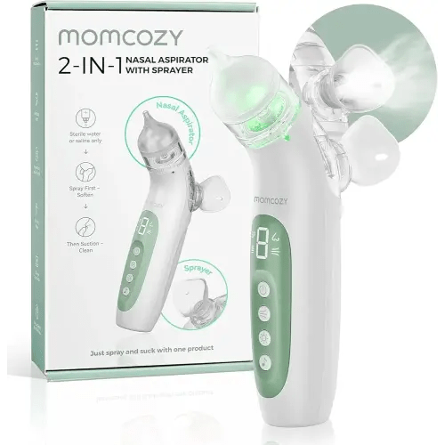 Momcozy BreezyClear™ 2-in-1 Electric Nasal Aspirator for Baby with Spray, 65kPa Hospital-Grade Suction, 4 Adjustable Levels, Quiet & Portable Nose Cleaner with Soothing Light & Music