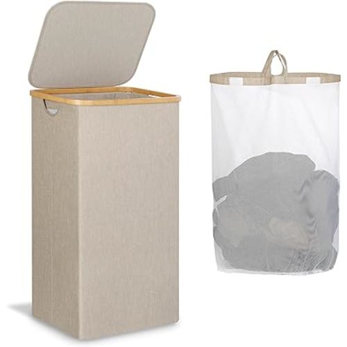 Laundry Basket with Lid, Large Laundry Hamper with Handle and Lid, Collapsible Clothes Basket Organizer with Removable Inner Bag for Clothes Toys Towels (Oatmeal, 110L)