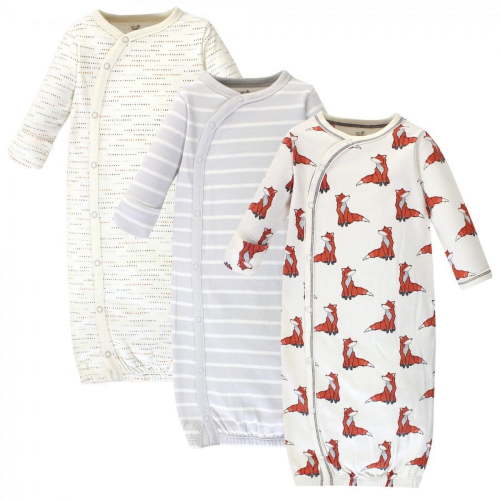 Touched by Nature Baby Boy Organic Cotton Side-Closure Snap Long-Sleeve Gowns 3pk, Boho Fox, Preemie
