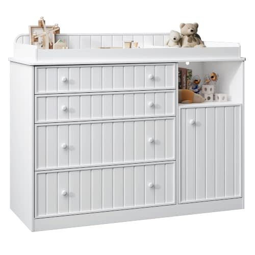 White Changing Table Dresser with 4 Drawers, Baby Nursery Diaper Table | 37 In High Ergonomic, 4 Drawers, Cabinet, Open Space, Routed stripes, Curved Wrapping Design, Anti-tip Design