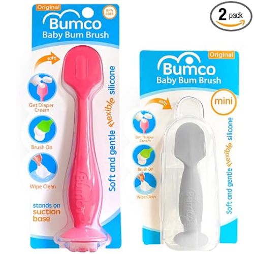Bumco Baby Bum Brush + Travel Diaper Cream Spatula Set (Pink & Gray) | BPA-Free - Diaper bag essentials with suction cup base. Travel case included for clean butt paste cream application on-the-go
