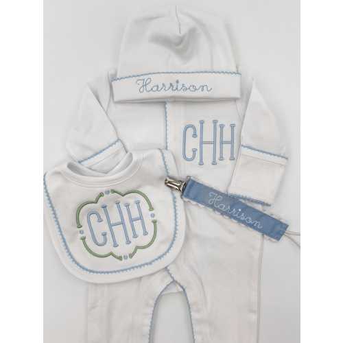 Newborn Boy Coming Home Outfit, Custom Embroidered Monogram Sleeper, Hat & Bib With Blue Picot Trim, Personalized Baby Boy Gift