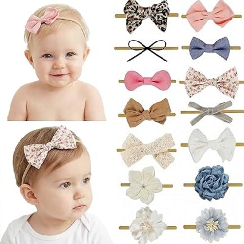 Baby Girl Headbands Nylon Flower Elastic Hairbands 14pcs Hair Accessories Gift for Newborn Infant Toddlers (White)