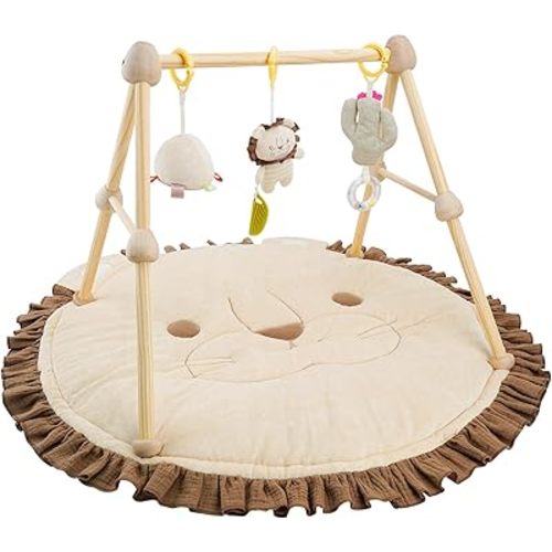 4-in-1 Wooden Baby Play Gym & Activity Mat, Soft Cotton Tummy Time Mat for Babies 0+,with 3 Detachable Toys for Sensory & Motor Skill Development,Newborn Infant Baby Essentials Gift,Light Brown-Lion
