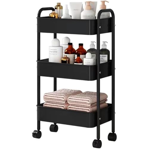 3-Tier Metal Utility Cart Rolling Storage Organizer-Rolling Cart with Wheels-Mobile Utility Cart Kitchen/Under Desk Cart for Office, Bathroom, Kitchen, Kids' Room, Classroom (Black)