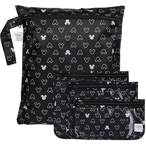 Bumkins - Waterproof Wet Bag & Clear Travel Bags - For Beach, Baby, Travel, Swim Suit, Cloth Diapers, Pump Parts, Pool, Gym, Toiletries - Reusable & Easy to Clean - Disney Mickey Mouse - 4 Pack