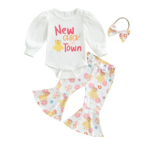 Ayalinggo Newborn Baby Girl Easter Outfit Ruffle Sleeve Love Easter Eggs Romper Bell Bottom Pant Set Spring Headband Clothes