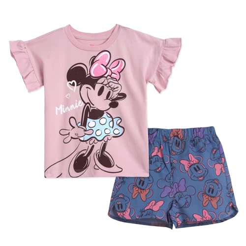 Disney Minnie Mouse Rainbow Floral T-Shirt and Chambray Shorts Outfit Set Infant to Big Kid Sizes (12 Months - 14-16)