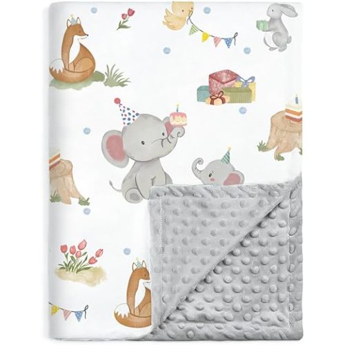 BORITAR Baby Blanket for Unisex Boys Girls, Super Soft Nursery Minky Fabric with Woodland Animal Party Front and Dotted Fleece Backing for Toddler Stroller Crib Shower Gifts, 30 x 40 Inch