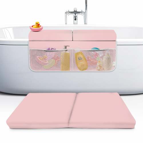 Bath Kneeler And Elbow Rest Pad Set, 2-Inch Thick Memory Foam, Water-Resistant, with Toy Organizer (Pink)