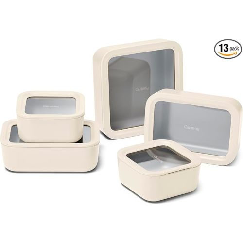 Caraway 13-Piece Glass Meal Prep Food Storage Container Set | Easy to Store, Non-Toxic Lunch Box, with Glass Lids, Organizer, Cream