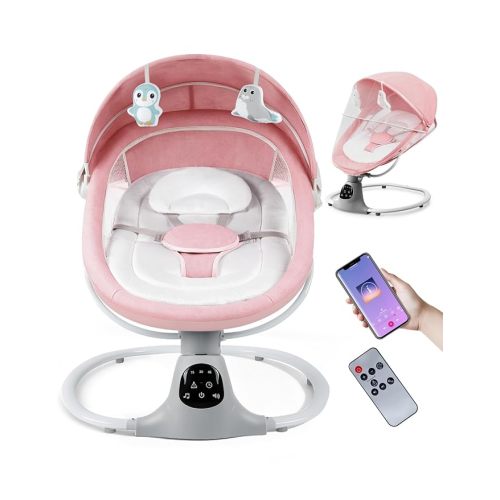 Electric Baby Swing for Infants to Toddler, Portable Swing Baby Rocker with 5 Point Harness, 5 Sway Speed, Bluetooth,12 Preset Lullabies with Remote Control, Infant Swing for Baby Boys & Girls, Pink