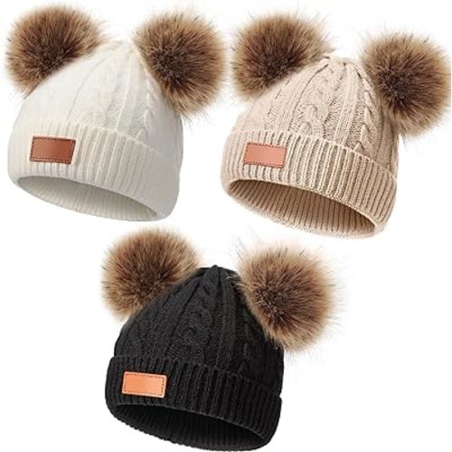 Geyoga Kids Toddler Winter Pompom Hat Baby Knitted Beanie Hat Faux Fur Pom Beanie Cap for Girls Boys 1-3 Years Old