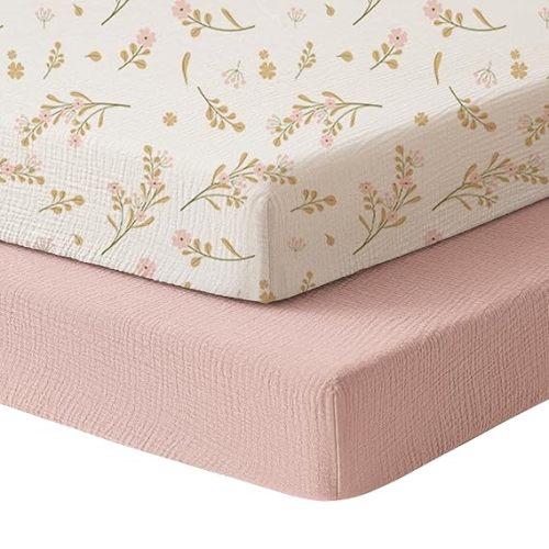 Konssy Muslin Mini Crib Sheets, 100% Soft Cotton Pack and Play Sheets for Pack N Play Mattress, Playard Baby Crib Sheets for Baby Girls (Floral, Pink)