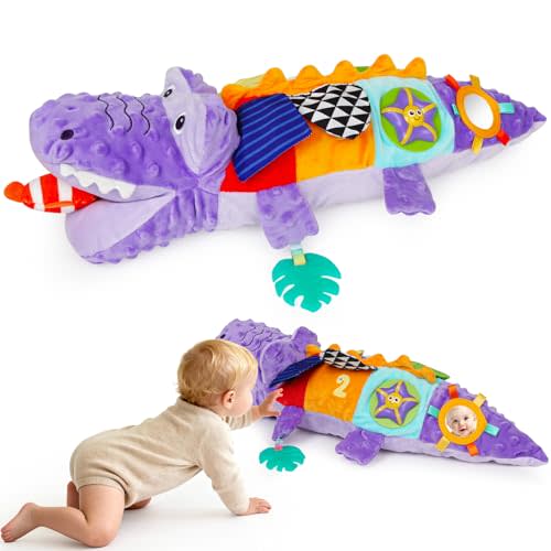 Sensory Crocodile Plush Stuffed Animal Baby Toy, Toddler Fine Motor Toy 0+M | Purple Alligator Tummy Time Learning Toy, Multi-Textured Squeaking & Crinkling Toy for Babies, Baby Shower 1st Birthday Gifts