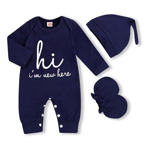 GRNSHTS Newborn Baby Boy Romper Coming Home Outfits Letter Print Bodysuit Jumpsuit+Hat+Gloves 3PCS Clothes Set
