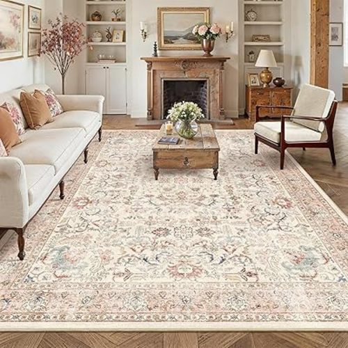 8x10 Pink Washable Area Rugs for Living Room Non Slip Low Pile Vintage Boho Throw Rug Soft Retro Distressed Floral Large Carpet Indoor Farmhouse Decor for Bedroom Dining Room Office Kitchen Playroom