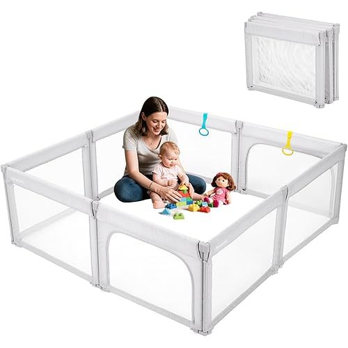 Light Grey Playpen, Foldable & Adjustable, 71x59x27 inches