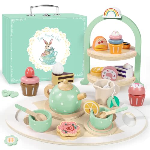 Wooden Tea Party Set for Little Girls, Toddler Pretend Play Food Kitchen Toys, Wooden Tea Set Tray Cake Dessert, Toddler Birthday for Girls Age 2-5 Years Old