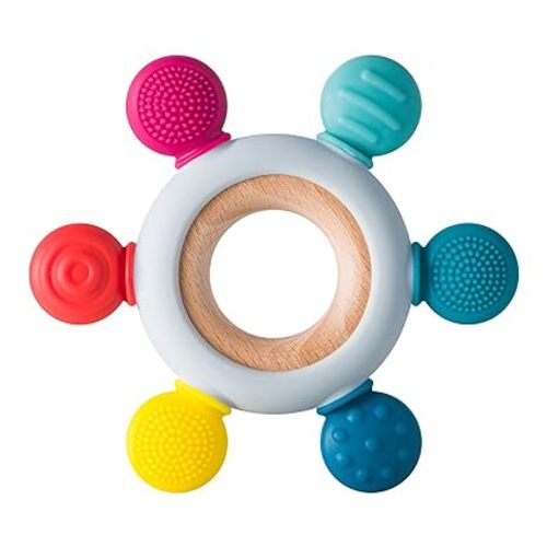 Baby Teething Toys Silicone Teethers BPA Free Silicone Rudder with Wooden Ring Soothe Babies Gums (Rainbow)