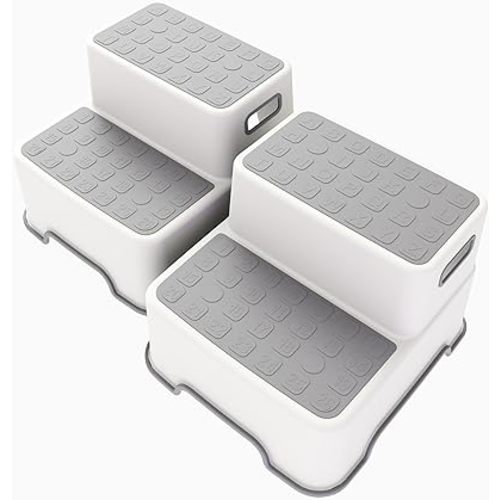 Toddler Step Stool for Bathroom Sink, 2 Pack Step Stool for Kids, Plastic Potty Training Toilet Stepping Stools, Child and Baby Lightweight&No-Slip Two Step Stools for Kitchen(Off-White/Gray)
