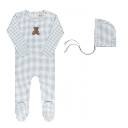 Ely's & Co. Baby Boy Footie & Bonnet – Blue – Gingham Teddy - Baby Boy Footie & Bonnet – Blue – Gingham Teddy