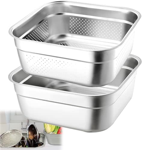 2-in-1 Stainless Steel Washing Up Bowl Set, 12.8" Sturdy Square Dish Tub with Colander, Fruit Vegetable Washing Basin for Sink, Food Grade Dishpan for Draining Rice, Pasta, Food Strainer Mixing Bowl