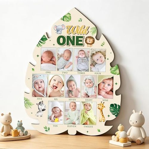 R HORSE My First Year Photo Frame Board, 3D Wild One Birthday Animal Decoration, Jungle Themed Baby First Year Picture Frame 12 Months Milestone Display Wood Board Nursery Decor Gift for Boy Girl