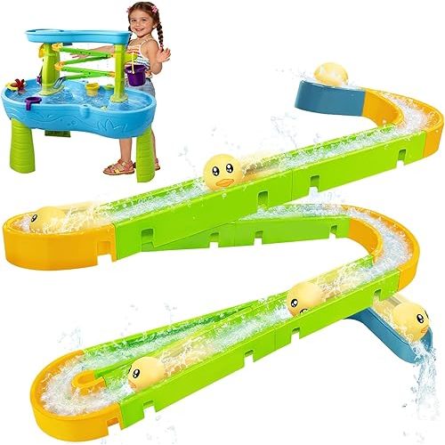 Water Slide Toys for Step2 Rain Showers Water Table Accessories, Quick-Install Summer Outdoor Water Play Table Toys Track Building Set with 6 Duck-Face Rolling Balls for Toddlers Kids Ages 3+