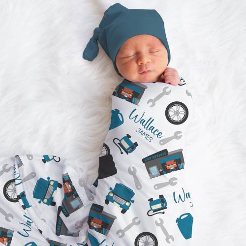 Personalized Mechanic Swaddle Blanket Cars Name Baby Blanket Newborn Baby Boy Coming Home Outfit Hospital Photo Outfit Baby Shower Gift