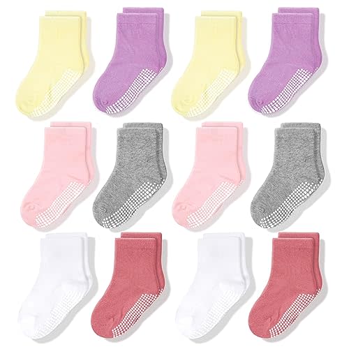 CozyWay Baby & Toddler Socks With Grippers Non Slip Crew Grip Socks for Girls and Boys Soft Comfy Cotton - 12 Pack
