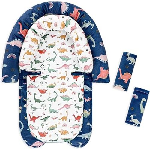 Baby Car Seat Head Support & Strap Covers, Upgraded 2-in-1 Infant Car Seat Insert Cushion for Newborn Girls, Perfect for Carseat, Stroller, Swing, Extra Soft, Dinosaur