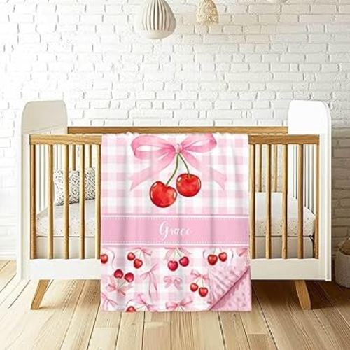 Personalized Baby Blanket with Name for Girls – Custom Pink Bow with Cherry Minky Blanket, Soft Newborn Infant Toddler Nursery Bedding, Baby Gift for New Mom, Crib Stroller Travel Keepsake