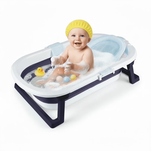 HENG Co. Baby Bathtub for Infants to Toddler with Drain Plug, Unisex Kids Bathtub for Newborn 0-36 Month (Blue+Net)
