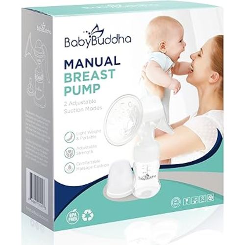 BabyBuddha Manual Breast Pump, Single Hand Expression Breastmilk Pump, Cordless and Portable, No Batteries or Power Needed, Soft Silicone Massage Cushion, BPA Free, Quiet, Dishwasher Safe, 1 Pack