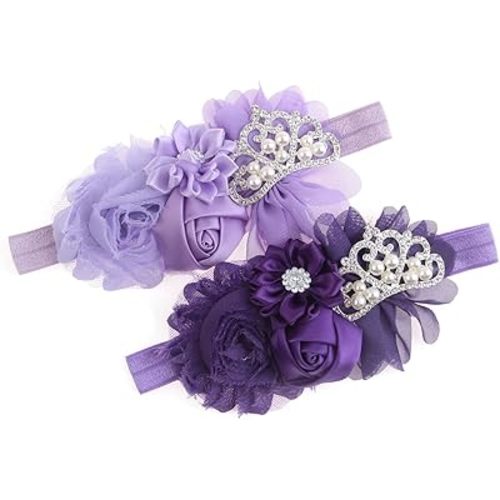 Nishine Baby Christening Headband Toddler Girls Fabric Flower Headband Tiara Stretchy Elastic in Pairs (Child, Purple/Lilac)
