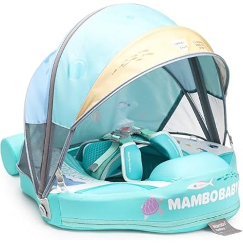 2024 Mambobaby Baby Float with Canopy & Tail Infant Swim Float Non-Inflatable Toddler Pool Float with Skin-Friendly Material for 3-24 Months Baby Boys Grils