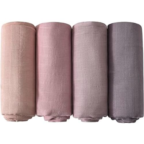 4-Pack Muslin Swaddle Blankets for Baby Girls - Organic Baby Blankets for Girl, Boy, Baby Swaddle Blanket Unisex, Receiving Blankets, Swaddles for Newborns Baby Essentials (4 Pack Mauve & Peach)