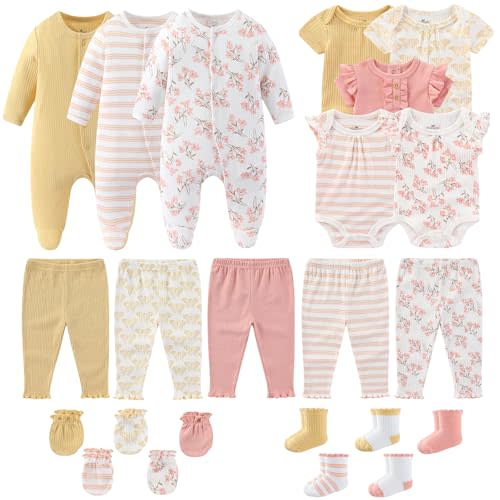Newborn Baby Girl Boy Clothes Cotton Ribbed Mix Layette Gift Set | Unisex bodysuit pant outfits 23 Pcs, new born clothing and accessories 0-12 month