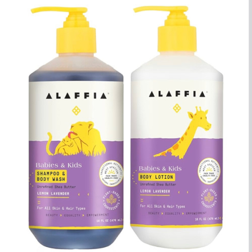Alaffia Babies and Kids Shampoo & Body Wash (16oz) and Body Lotion (16oz) - Gentle Everyday Bath Essentials for Delicate Skin/Hair- Paraben & Sulfate Free - Natural Plant-Based Lemon Lavender Scent